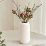 White Ceramic Vase for Flowers, 8 INCH Modern Small Ribbed Textured White Flower Vase for Home Decor, Pampas Grass, Decorative, Farmhouse, Coffee Table, Bookshelf and Home Living - Image 2