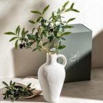Luxurious Gift Set Textured Ceramic Vase 10 Inch with Olive Branches 22 Inch Tall White Medium Vase Artificial Topiaries Fake Plants, Minimalist Shelf Decor, Neutral Home Office High End Gifting Decor