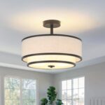 Semi Flush Mount Ceiling Light Fixture, Modern Light Fixtures Ceiling Mount with Fabric Shade, 3-Light Double Drum Lighting Fixtures Close to Ceiling Light for Bedroom (Black)