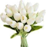 20pcs White Artificial Tulip Silk Fake Flowers 13.5" for Spring Mother's Day Easter Gifts in Bulk Home Kitchen Wedding Decorations