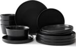Ceramic Dinnerware Set for 4, 12-Piece Plates and Bowls Set for Kitchen and Dining, Modern Dishes Set, Dishwasher & Microwave Safe,Black