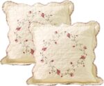 Set of 2 Cotton Quilted Embroidered Decorative Square Throw Pillow Covers with Scalloped Floral Soft Cushion Case for Couch Sofa Bed (Flower D,18"x18")