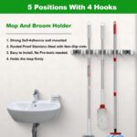 5 Racks and 4 Hooks Mop and Broom Holder Wall Mount, Self Adhesive Heavy Duty Broom Hanger Organizer Storage Tool Racks for Kitchen Garden Laundry Garage - Image 2