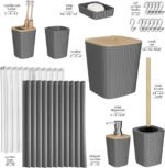 Bathroom Accessories Set - Grey Bathroom Set, 20PC Bathroom Accessory Set, Shower Curtain Set, Toilet Brush, Trash Can & Soap Dispenser - Image 2